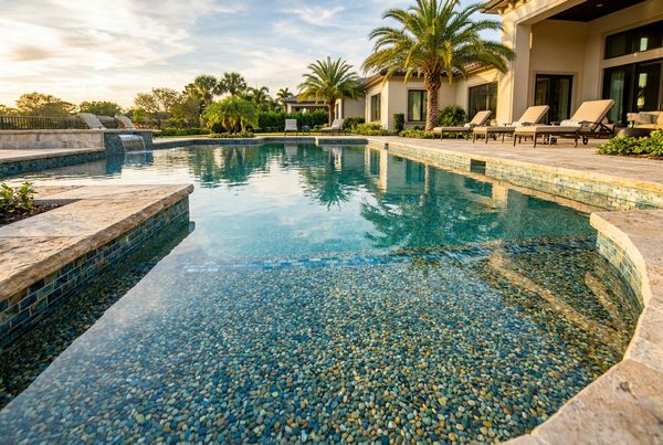 Sunlit pebble pool with sparkling clear water and a clean deck