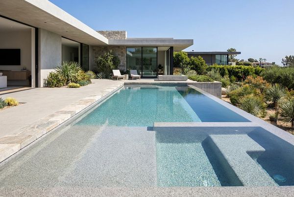 Freeform pebble finish pool with a beach entry