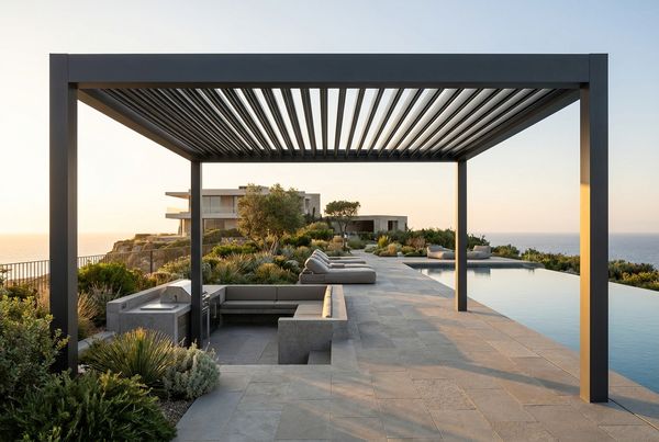 Modern louvered aluminum pergola with adjustable blades over a pool patio
