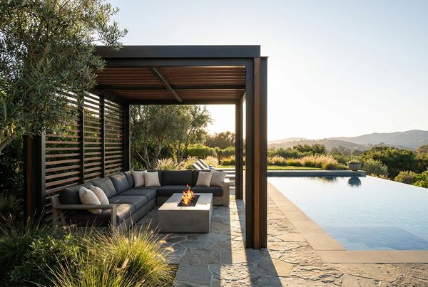 Black modern pergola with a sofa and fire table beside a pool