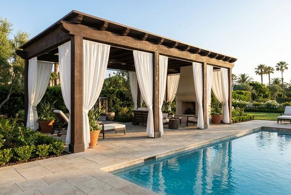 Poolside cabana pergola with white curtains and a daybed