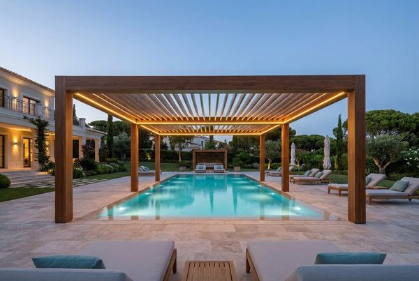 Pergola with integrated downlighting over an outdoor dining setup at night