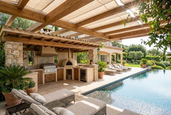 Pergola sheltering a built-in outdoor kitchen and bar seating