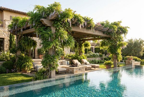 Pergola dressed with hanging plants and trailing greenery