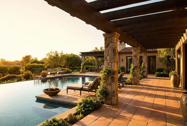 Poolside pergola with clean modern lines and a lounge setup