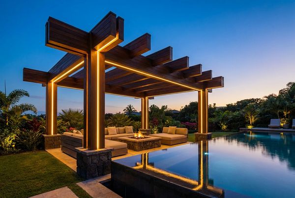 Cedar pergola with warm wood tones beside a rectangular pool