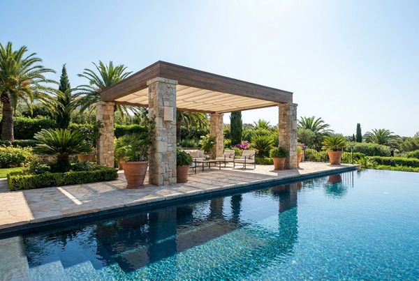 White curtained cabana pergola at the end of a pool