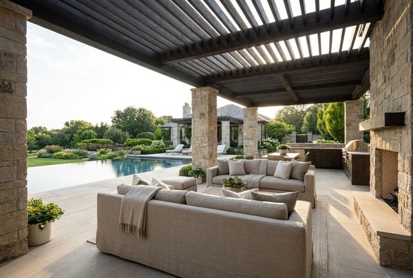 Freestanding pergola set on a lawn near a pool deck