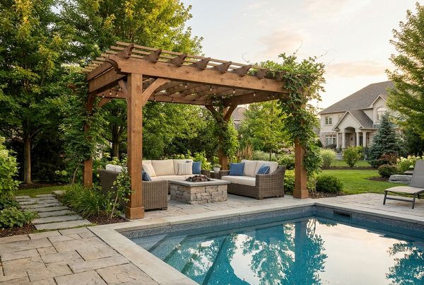 Pergola shading a poolside dining table and chairs