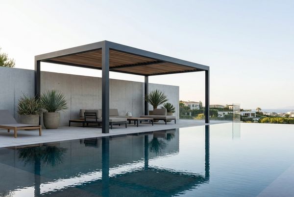Poolside pergola with climbing vines across the rafters