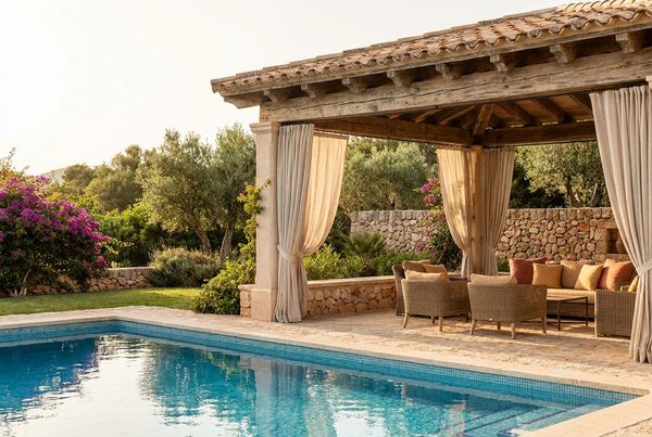 Contemporary pergola with a fire table and sectional by the pool