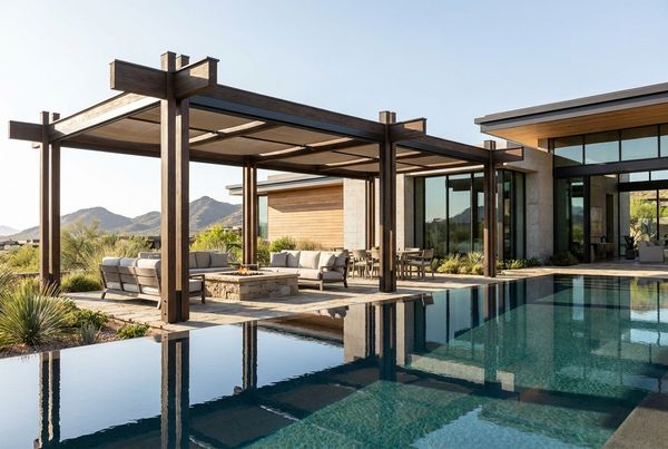 Pergola with a ceiling fan over poolside lounge chairs
