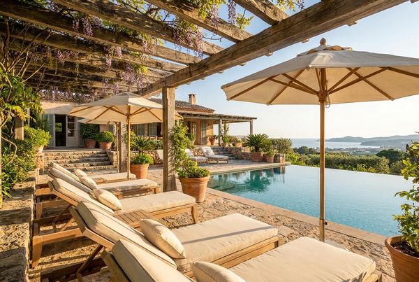 Resort daybed tucked under a poolside pergola