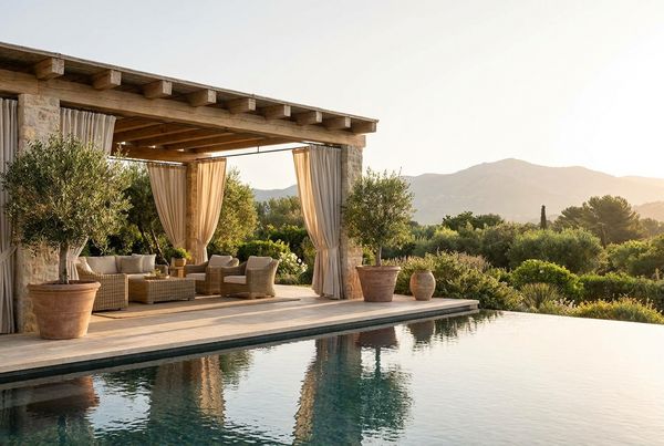 Poolside pergola styled with lush planting and soft textiles