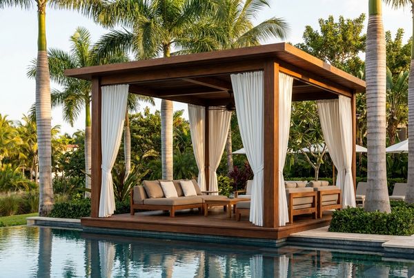 Poolside pergola shading a lounge area beside the water