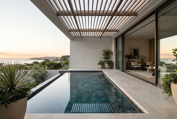 Modern rectangular plunge pool with clean coping in a small backyard