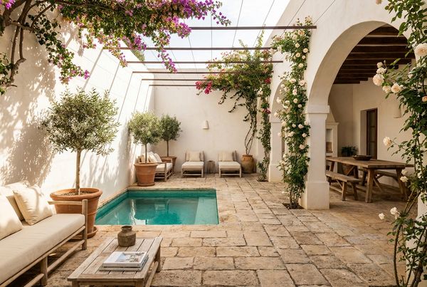 Plunge pool in a Mediterranean courtyard with tile and an olive tree