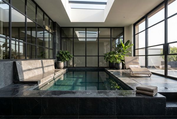 Plunge pool with a dark charcoal tile interior reflecting the sky