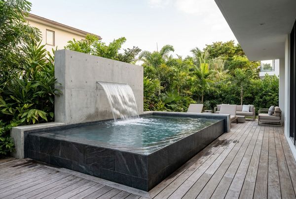 Plunge pool with a sheer-descent water feature along one wall
