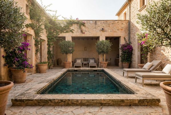 Compact plunge pool set into a small paved courtyard