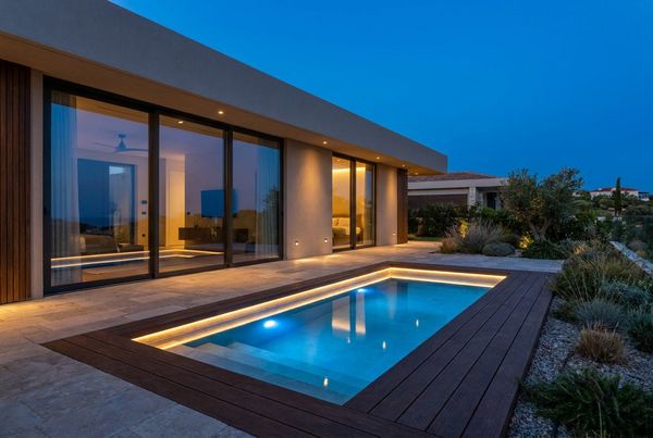 Dark-tiled plunge pool reflecting the sky like a mirror