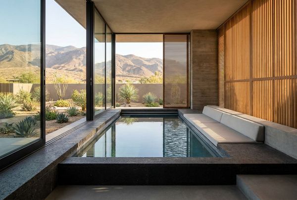 Plunge pool with glowing LED lighting under the waterline at night