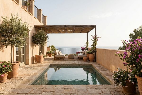 Plunge pool flush with a limestone patio and lounge chairs