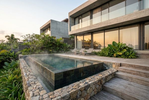 Plunge pool with dark tile and warm evening lighting