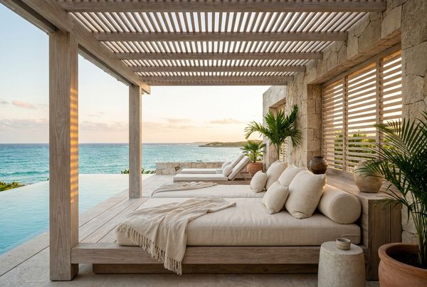 Pool cabana furnished with a plush daybed and soft cushions