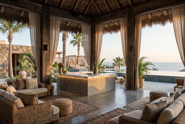 Cabana bar and lounge area set up for poolside entertaining