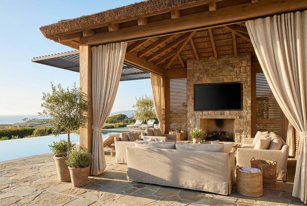Open-sided cabana with a mounted TV and comfortable poolside seating