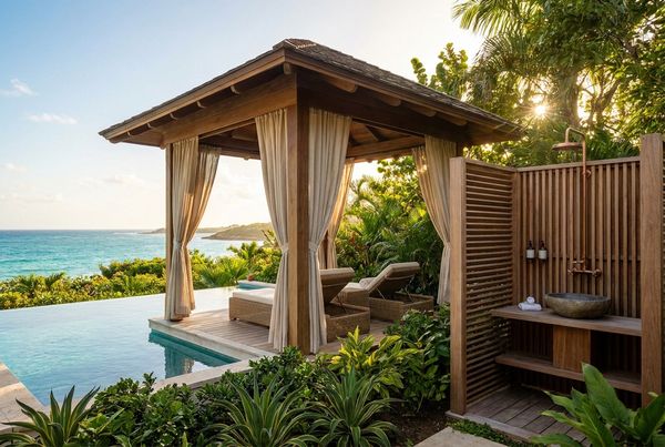 Cabana with an outdoor shower and warm evening lighting