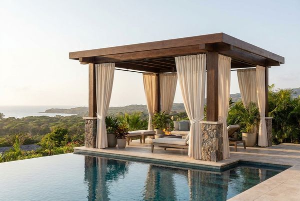 Freestanding pool cabana set apart at one end of a pool