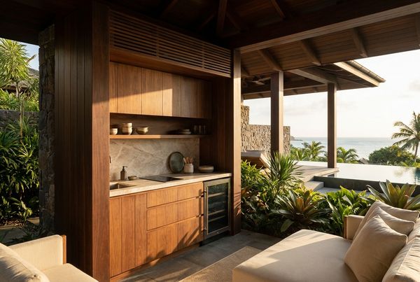 Freestanding pool cabana set at one end of a rectangular pool
