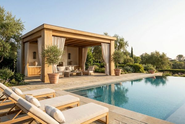 Poolside cabana positioned right beside the water's edge