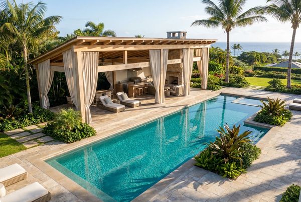 Tropical thatched cabana with a lush planted surround