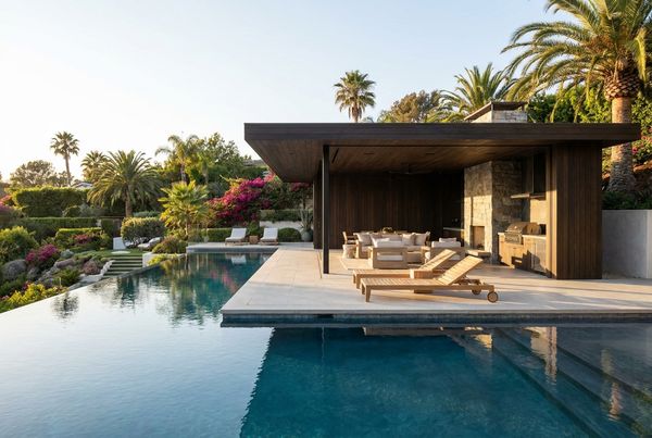 Cabana fitted with an outdoor shower beside the pool
