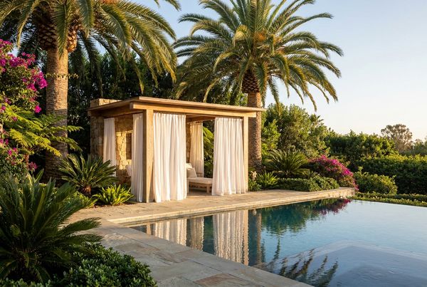 Pool cabana glowing softly with warm light at dusk