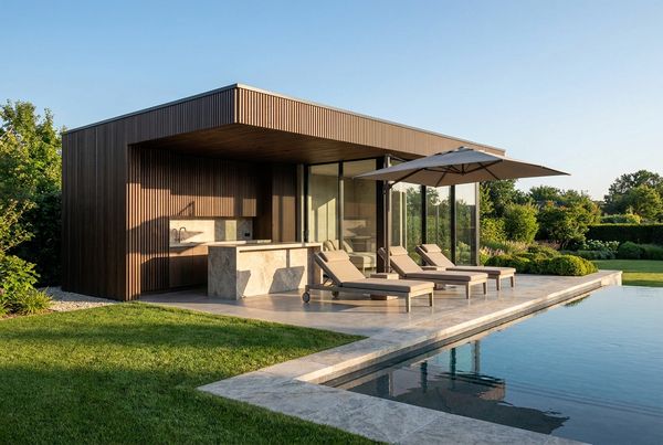 Contemporary cabana with a low sectional and fire feature nearby