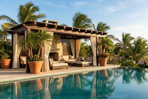 Resort-style cabana with sheer drapes framing the pool view