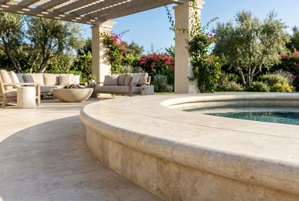 Bullnose travertine coping around a rectangular inground pool