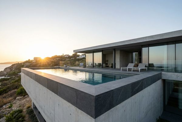 Sharp square-edge modern coping on a rectangular pool