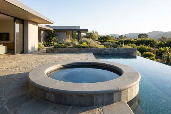 Pool coping wrapping around a raised spa