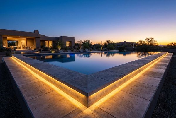 Square-edge modern porcelain coping on a rectangular pool