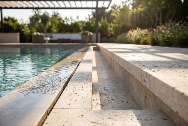 Swimming pool coping styled in ivory travertine