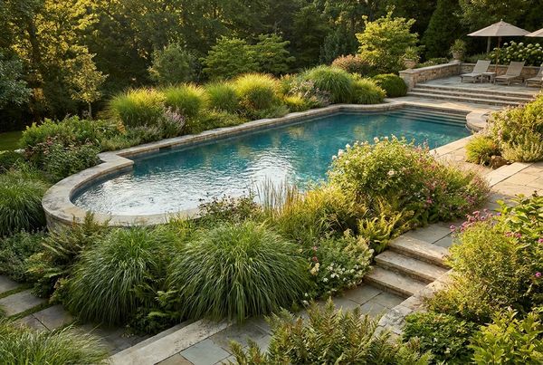 Swimming pool coping styled with a glass-tile band below