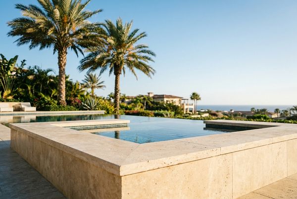 Swimming pool coping styled in dark contrasting stone at dusk