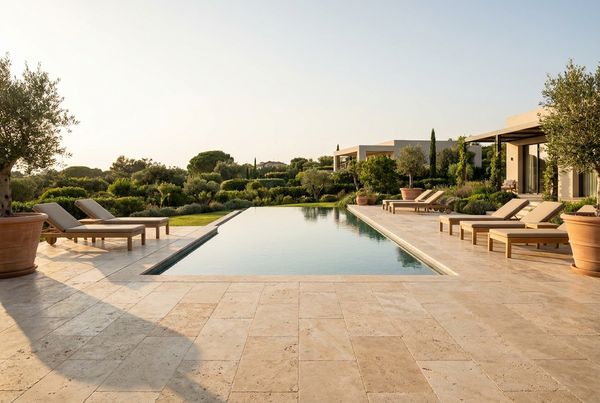 Ivory travertine paver pool deck around a rectangular pool