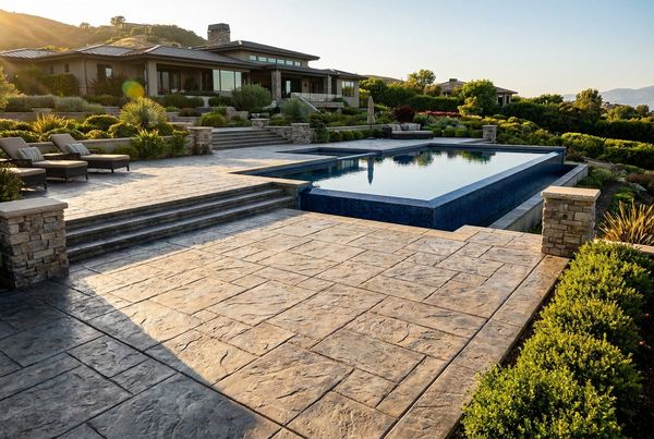 Stamped concrete pool deck textured to look like tan natural stone