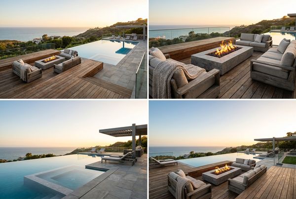 Pool deck with a sunken fire pit lounge area